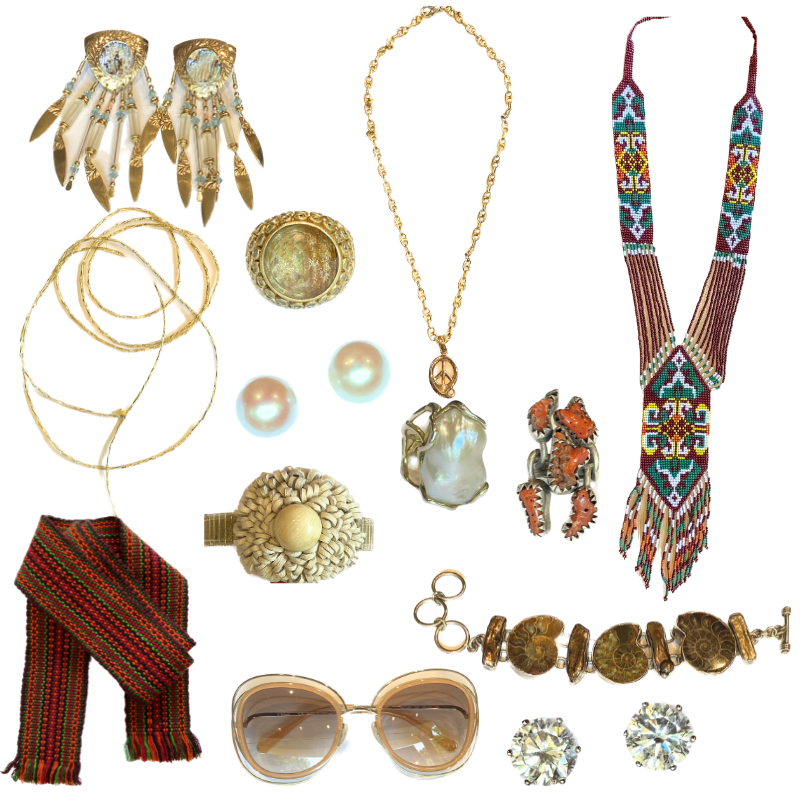 A collage of earrings, necklaces, rings, bracelets, belts and sunglasses in gold and red tones that compliment a summer wardrobe.
