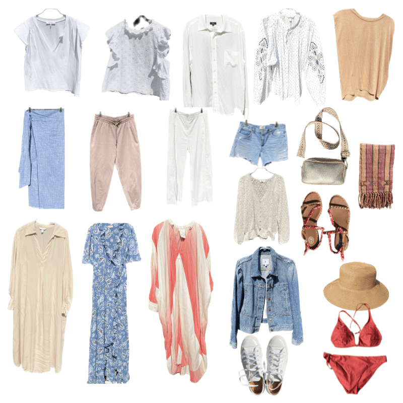 A selection of tops, pants, dresses, jackets, shoes and accessories for a summer travel capsule wardrobe